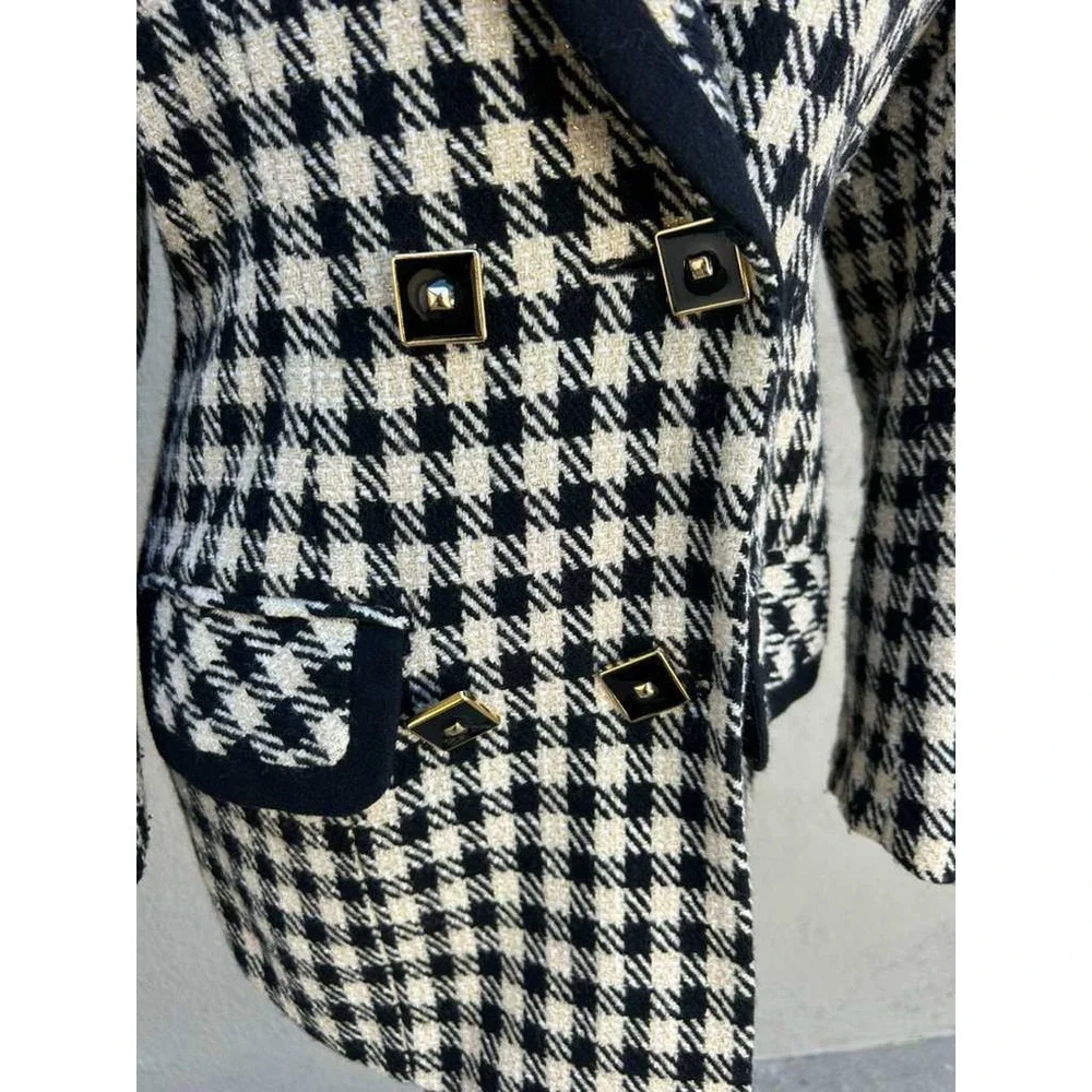 B High Collection Vintage Houndstooth Metallic Gold Button Blazer Black Cream 66